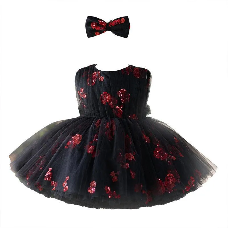 Elegant Noble Girl's Dress Sparkling Red Flower Dream Dress Little Princess's Starry Night