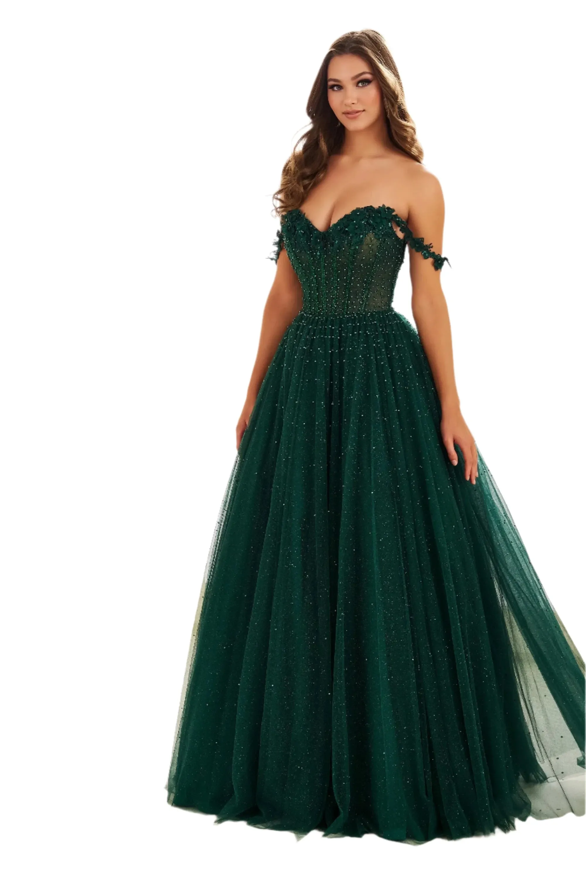 Ellie Wilde EW36071 Long A Line Sheer lace Corset Prom Dress off the shoulder Formal ball Gown