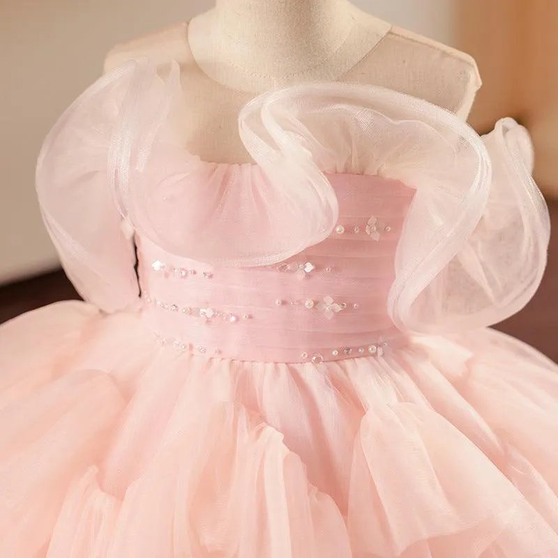 Fairy Tale Princess Dress Elegant Pearl Bow Girl's Party Dress Layered Tulle Princess Dress