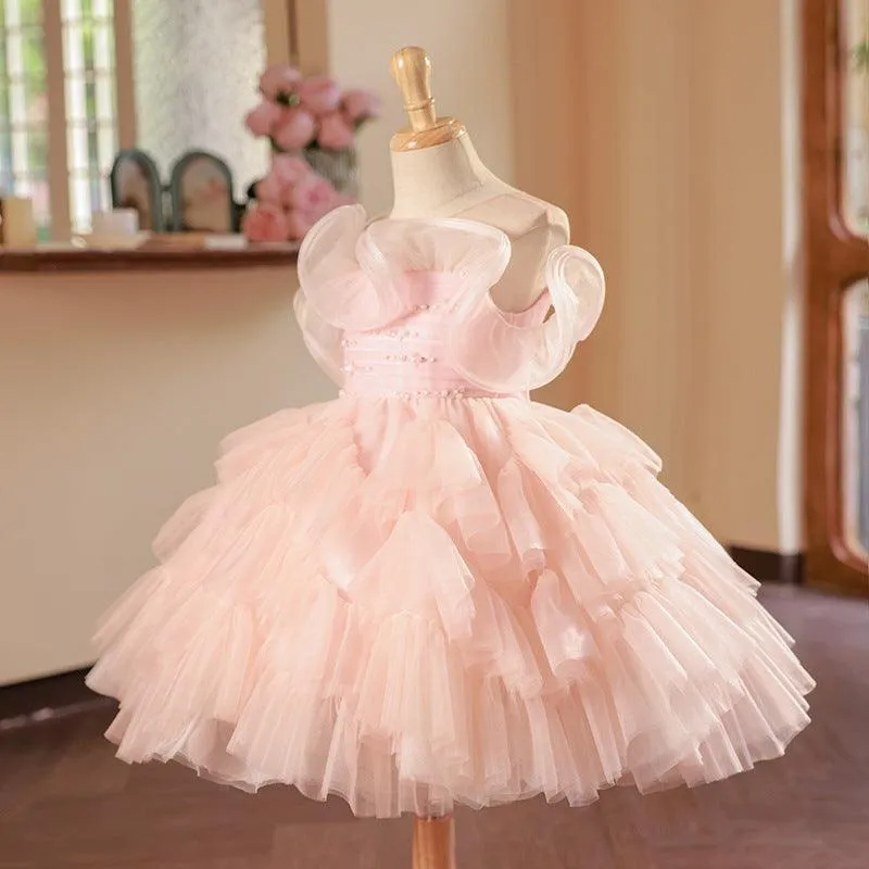 Fairy Tale Princess Dress Elegant Pearl Bow Girl's Party Dress Layered Tulle Princess Dress