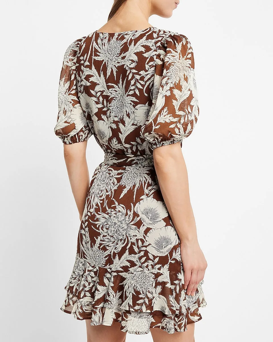 Floral Print Tiered Ruffle Tie Belt Mini Dress in Print