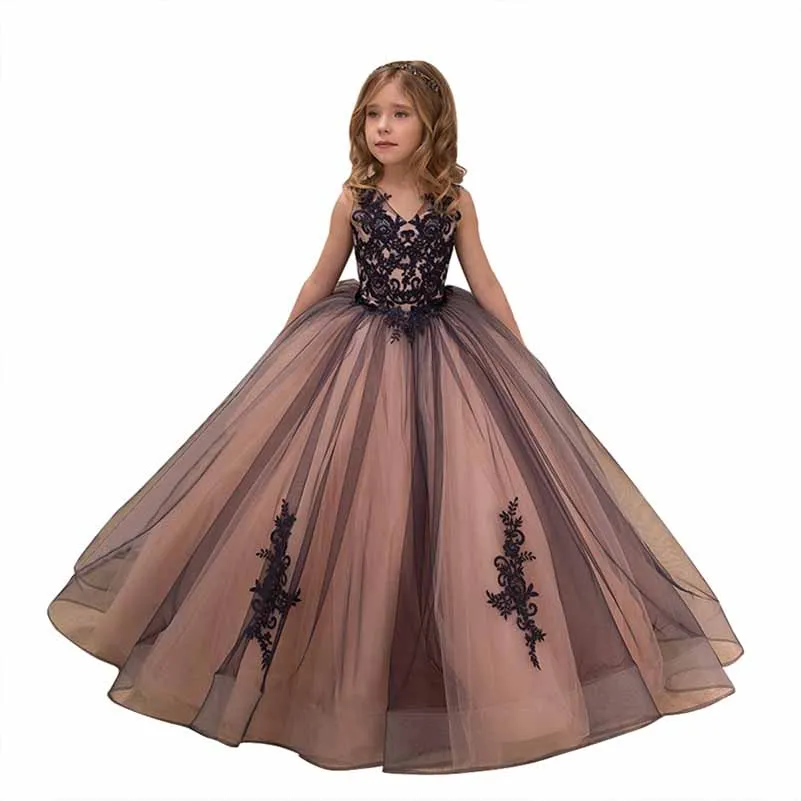 Flower Girl Dress Kids Lace Applique Pageant Ball Gown Prom Dresses