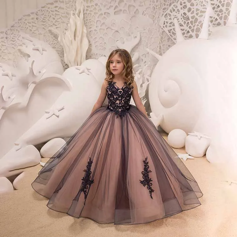 Flower Girl Dress Kids Lace Applique Pageant Ball Gown Prom Dresses