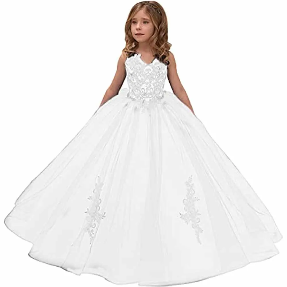 Flower Girl Dress Kids Lace Applique Pageant Ball Gown Prom Dresses