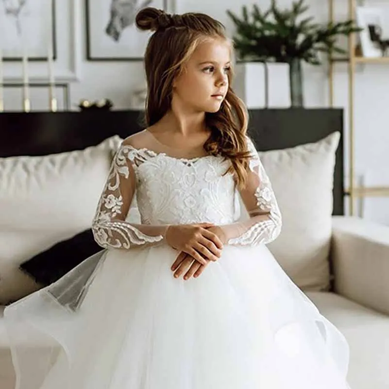 Flower Girls Dress Long Sleeve Wedding Kid Lace Tulle Princess Dress