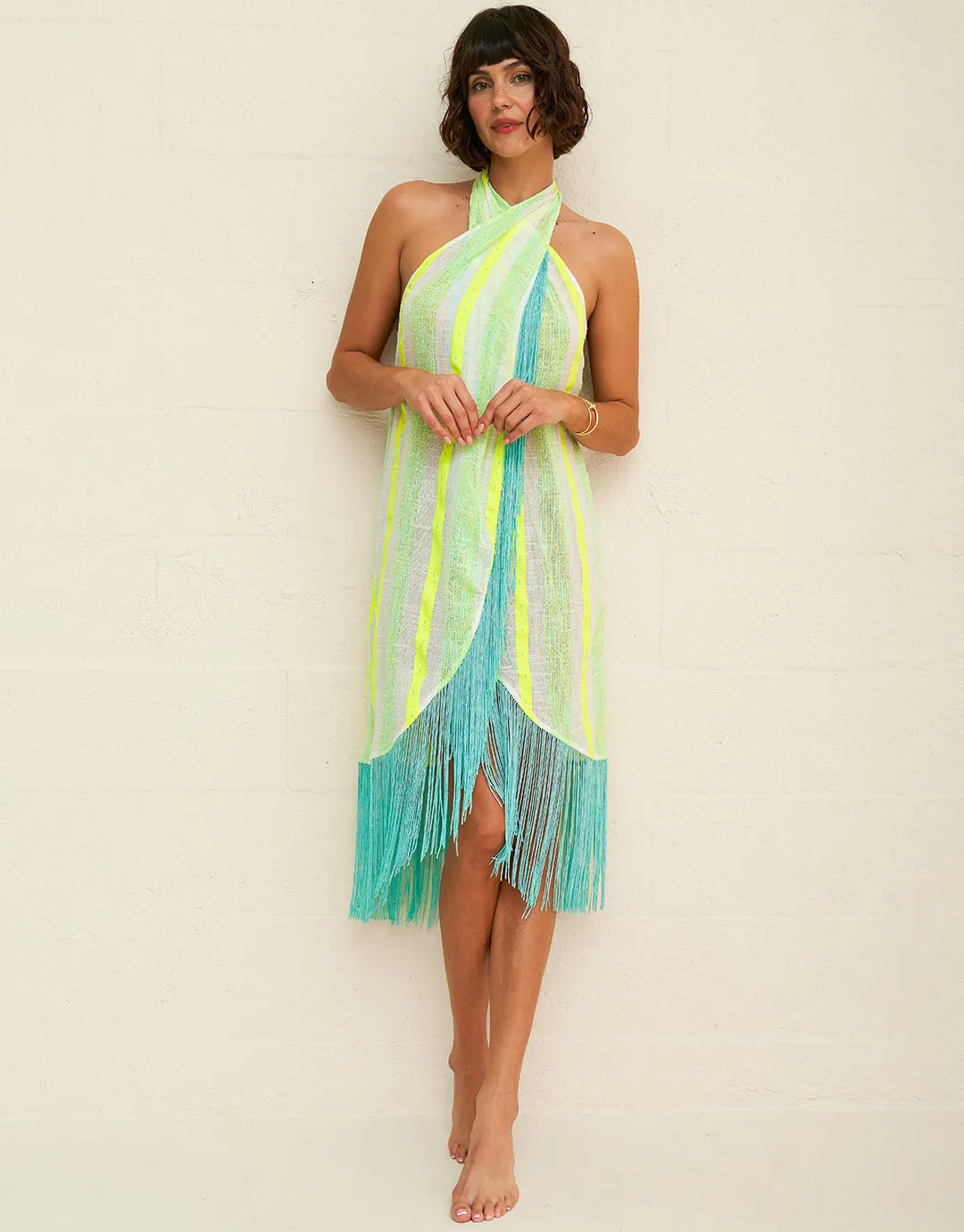 Fringed Crossover Dress - Neon Yellow