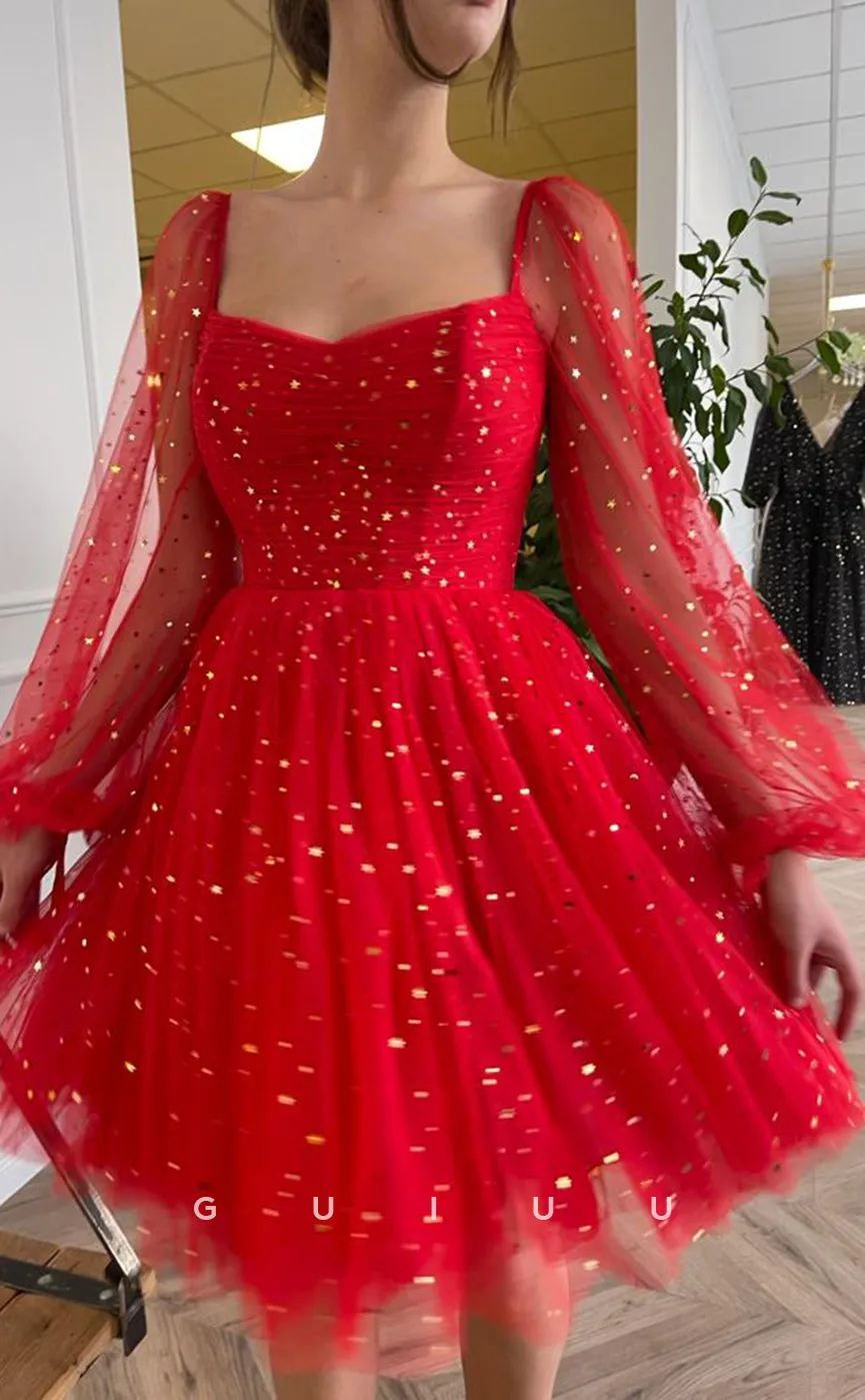 GH419 - A line Sweetheart Tulle Pleats Long Sleeves Red Short Homecoming Dress