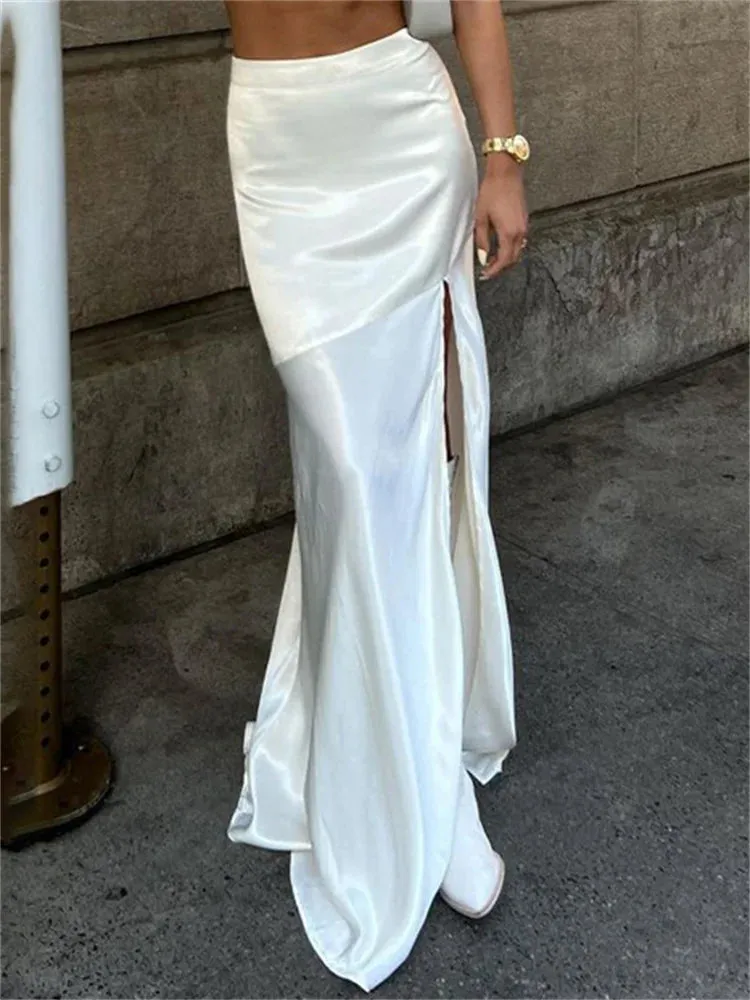 Girlary Fashion High Split Patchwork Long Skirt Women Slim Elegant High Waist Casual Clothes White Long Skirt Ladies Gown Summer