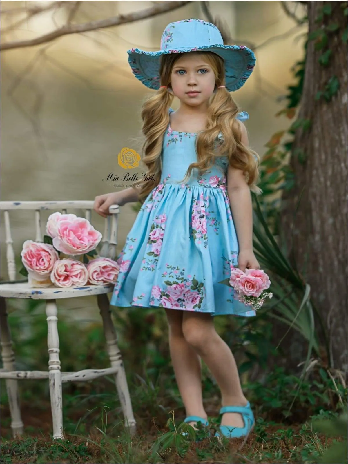 Girls Blue Spring Sleeveless Floral Print Sun Dress with Matching Hat