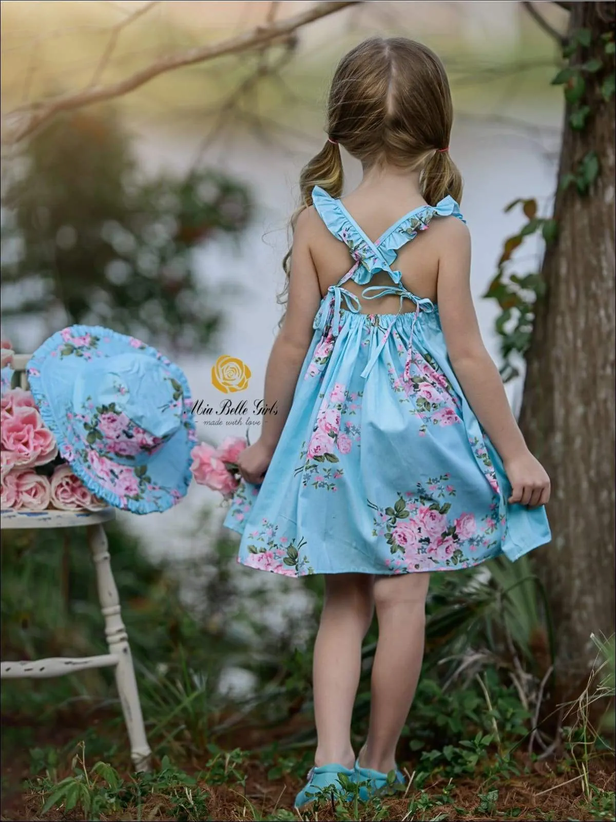 Girls Blue Spring Sleeveless Floral Print Sun Dress with Matching Hat