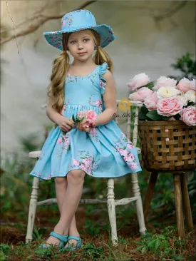 Girls Blue Spring Sleeveless Floral Print Sun Dress with Matching Hat