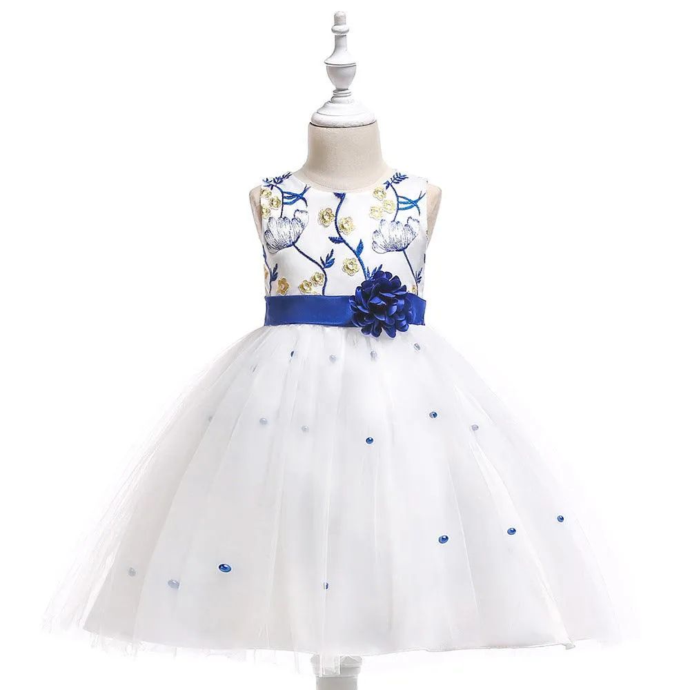 Girls' Embroidered Puff Mesh Color Matching Princess Dress