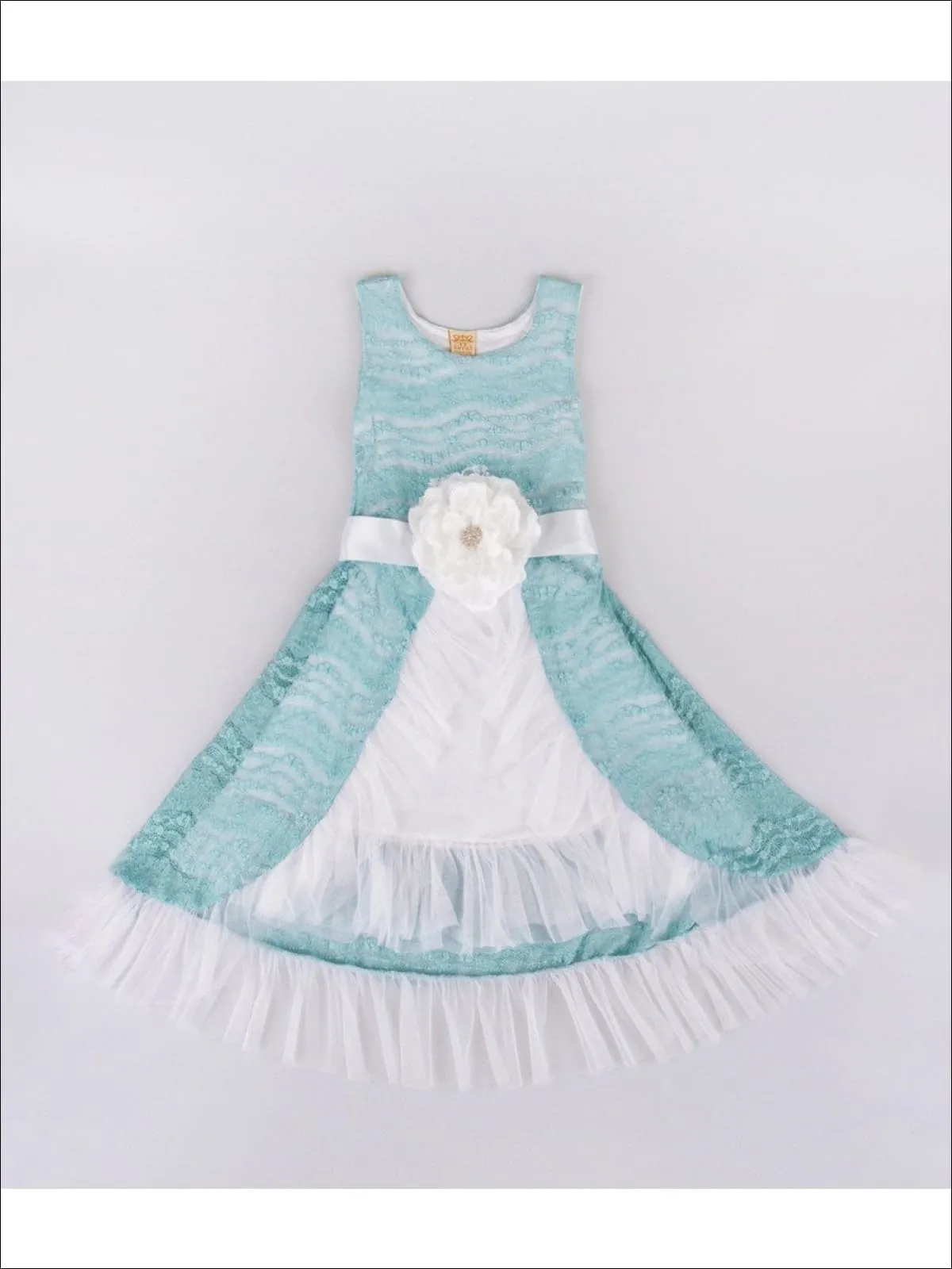 Girls Mint/White Taffeta Mesh Princess Dress with Flower Belt