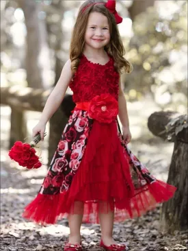 Girls Red Rose Rosette Bodice Ruffled Princess Dress