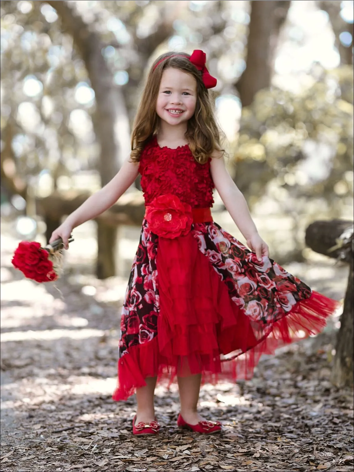 Girls Red Rose Rosette Bodice Ruffled Princess Dress