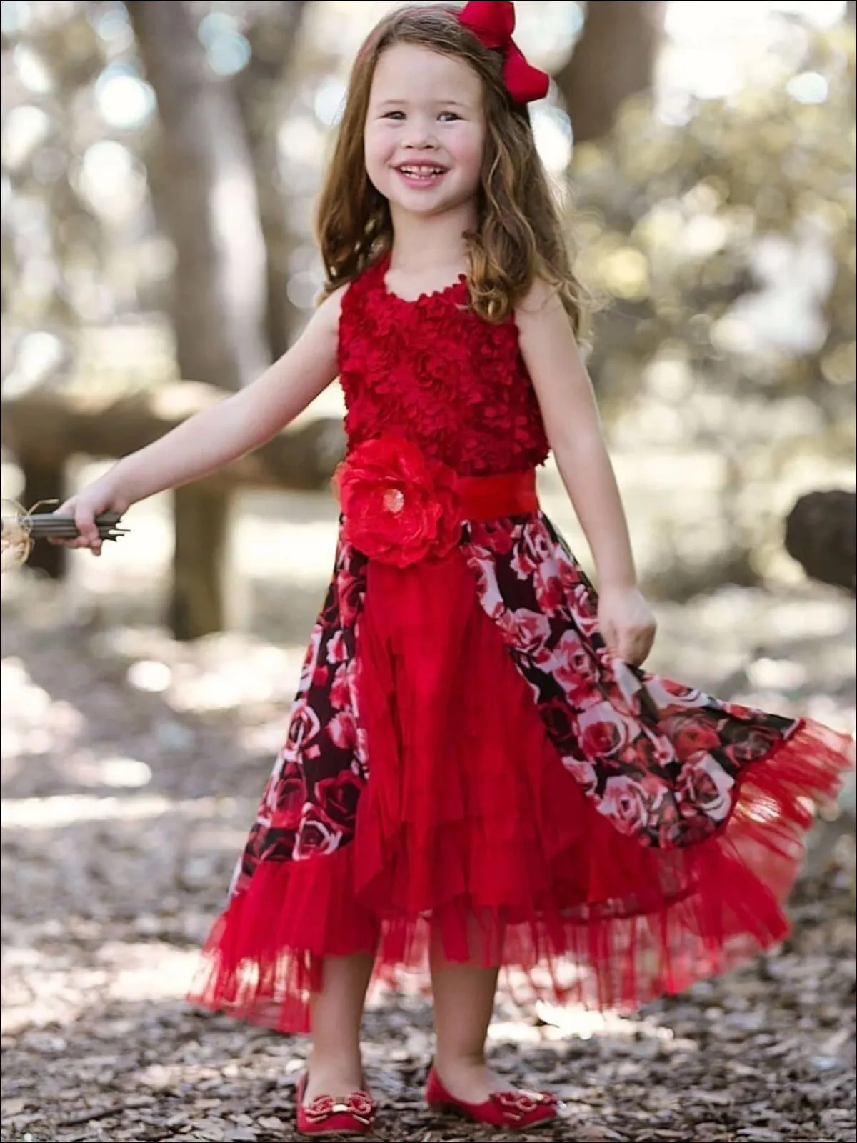 Girls Red Rose Rosette Bodice Ruffled Princess Dress