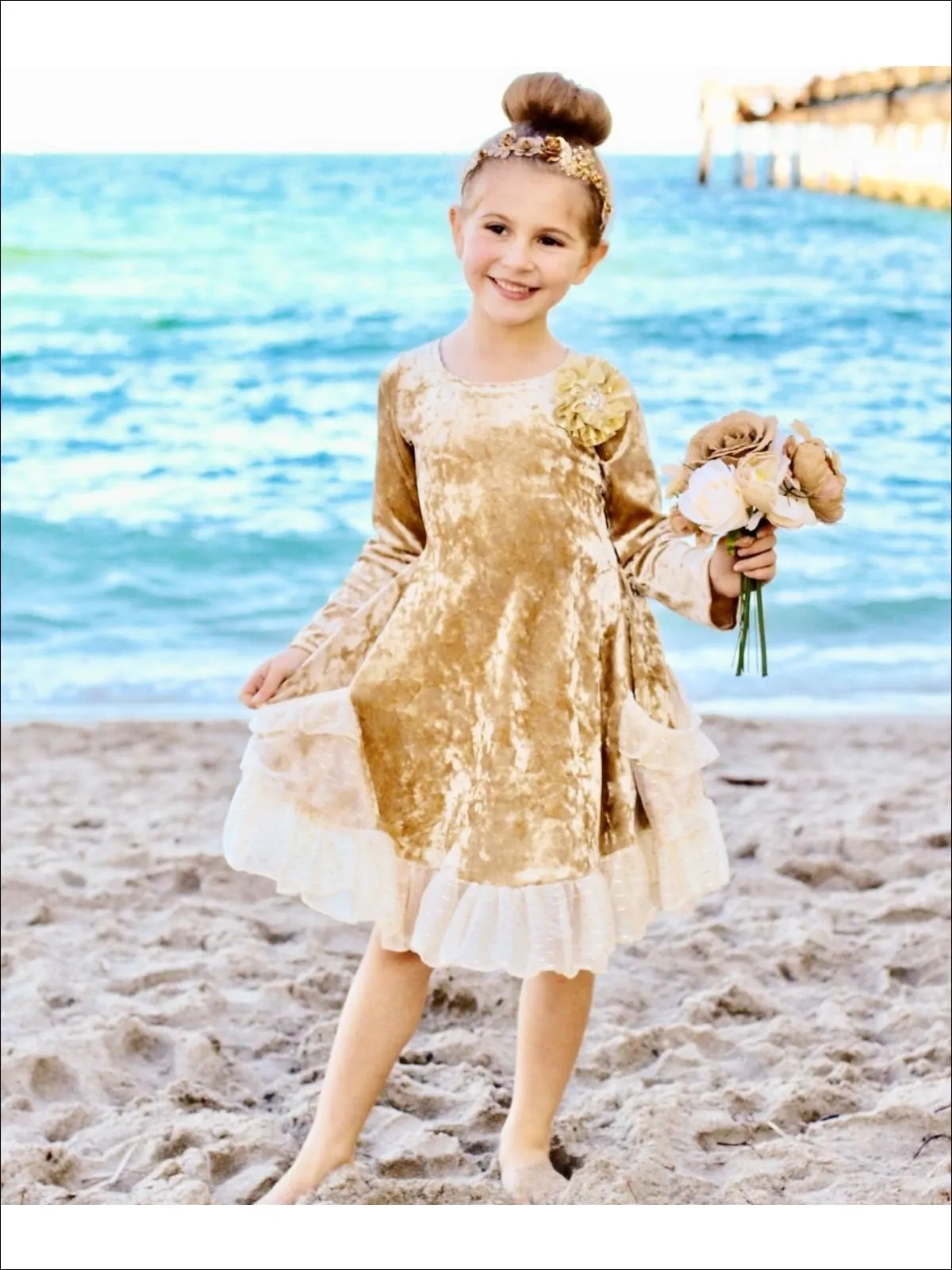 Gold Velvet Ruffled Pockets Princess Dress