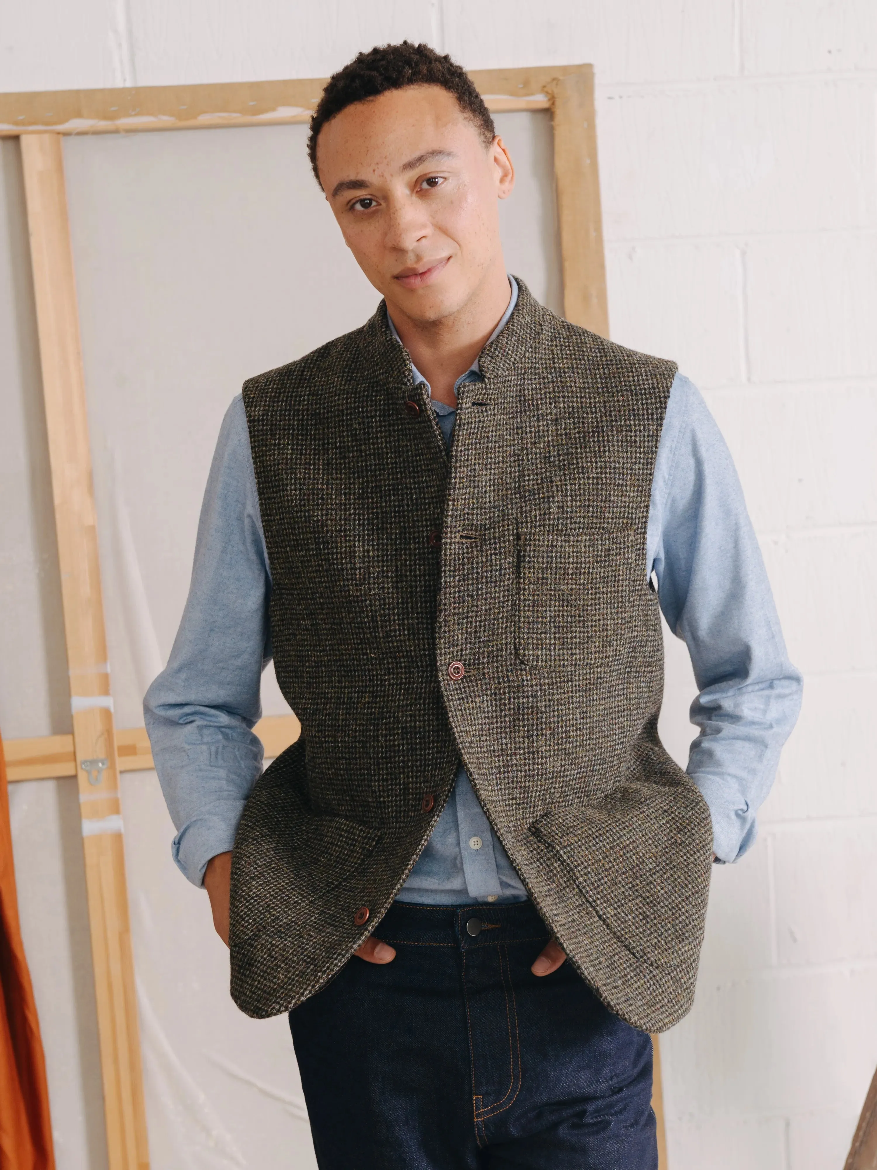 Green Harris Tweed Nehru-Style Waistcoat