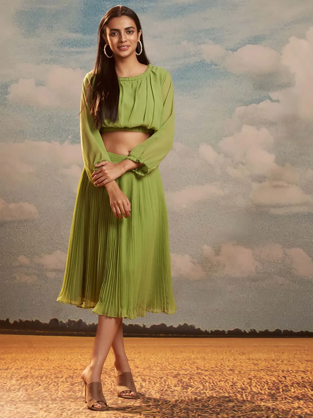 Green Solid Faux Georgette Straight Crop Top With A-Line Skirt