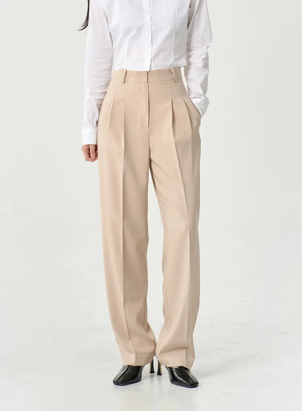 High Waist Pintuck Wide Leg Tailored Pants OS13