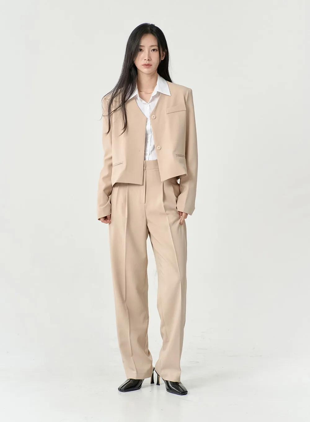 High Waist Pintuck Wide Leg Tailored Pants OS13