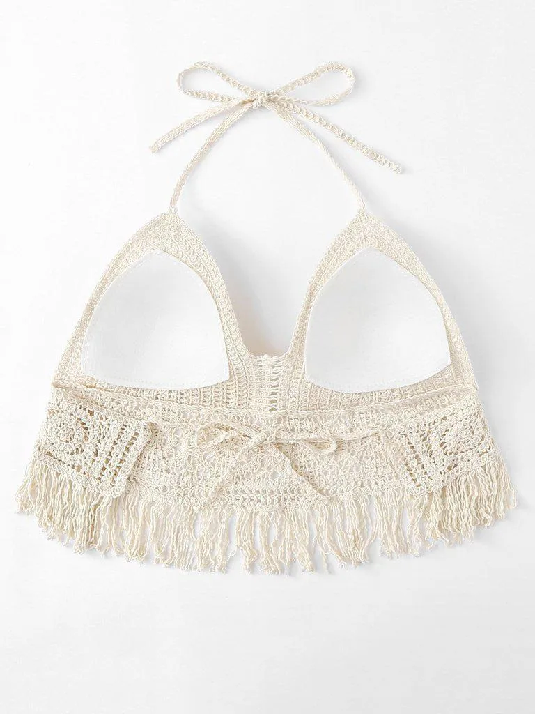 Hollow Out Fringe Hem Crocheted Halter Top