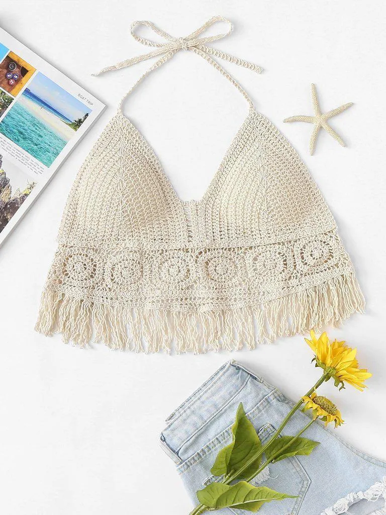 Hollow Out Fringe Hem Crocheted Halter Top