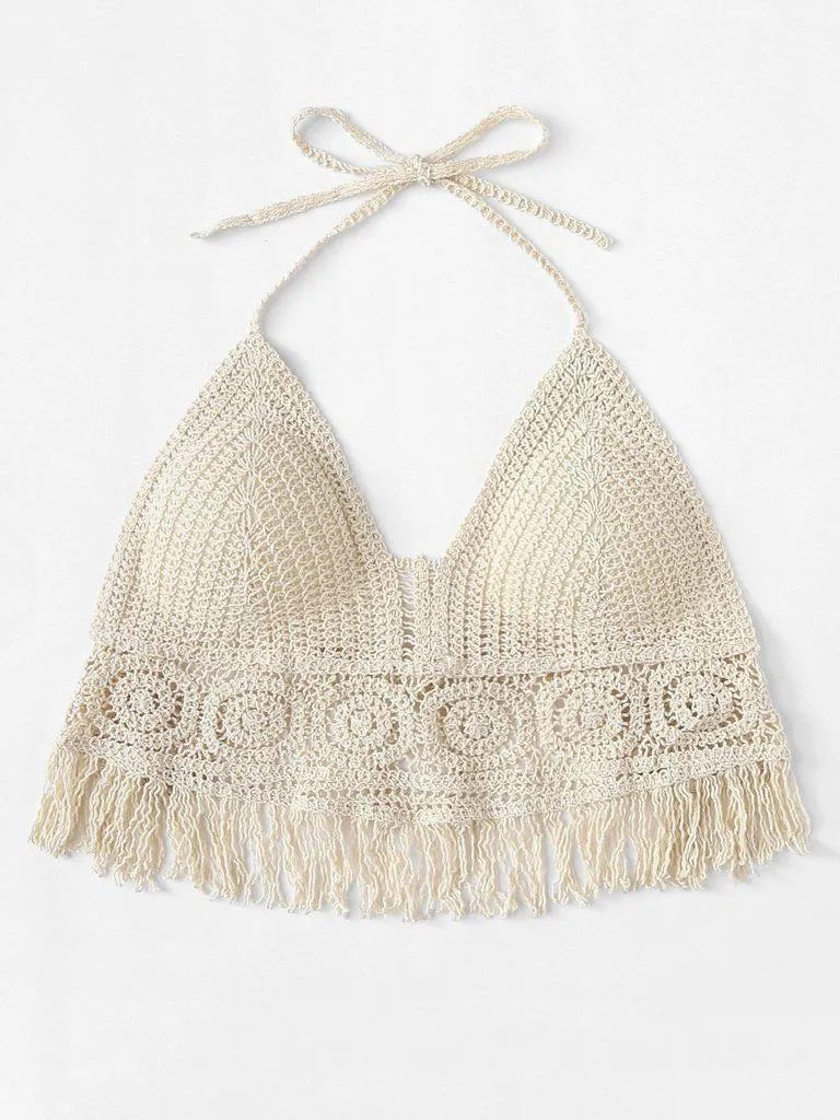 Hollow Out Fringe Hem Crocheted Halter Top