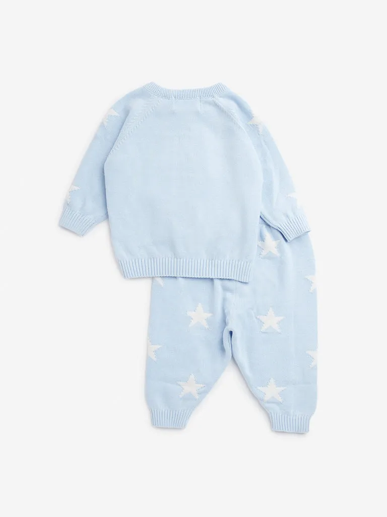 HOP Baby Light Blue Printed Cotton Sweater with Joggers Set