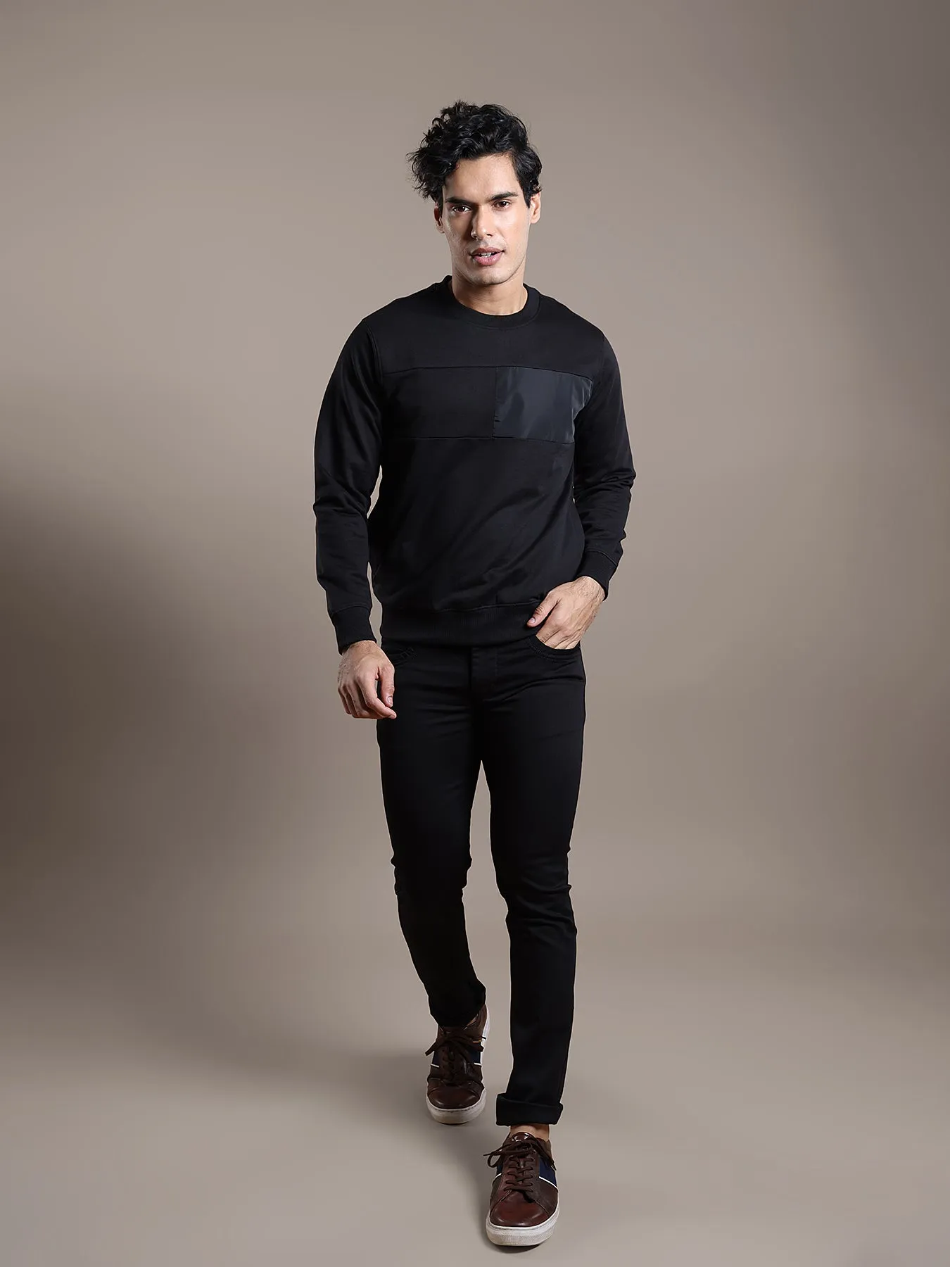 Knitted Navy Blue Self Design Regular Fit Full Sleeve Casual Sweatshirt