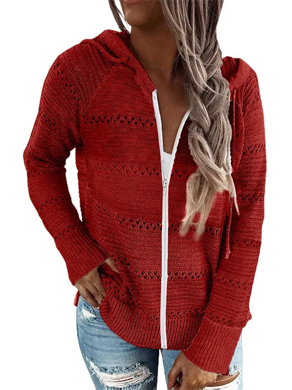 Long Sleeves Loose Drawstring Hollow Split-Side Zipper Round-Neck Cardigan Tops Knitwear