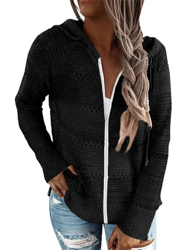 Long Sleeves Loose Drawstring Hollow Split-Side Zipper Round-Neck Cardigan Tops Knitwear