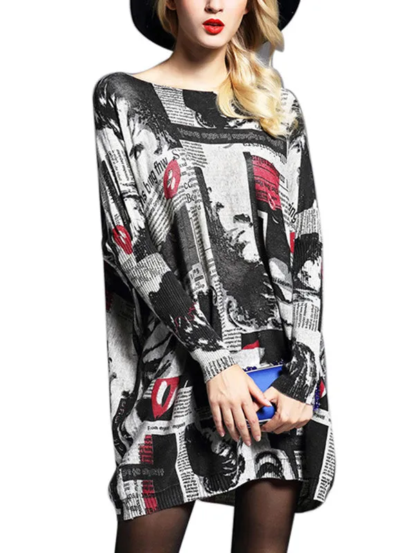 Long Sleeves Loose Letter Print Printed Round-Neck Knitwear Pullovers Sweater Tops