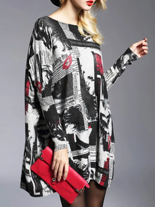 Long Sleeves Loose Letter Print Printed Round-Neck Knitwear Pullovers Sweater Tops