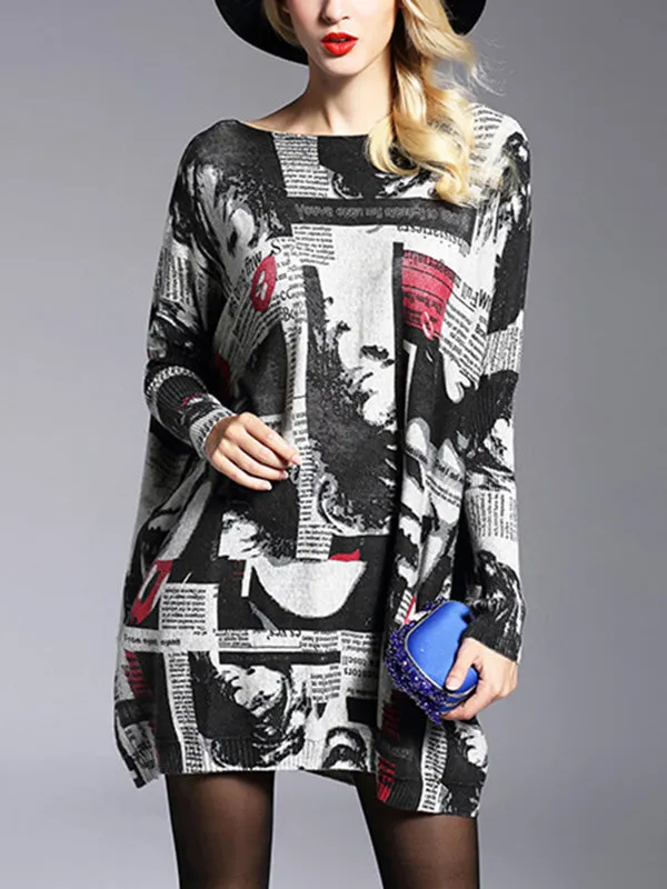 Long Sleeves Loose Letter Print Printed Round-Neck Knitwear Pullovers Sweater Tops