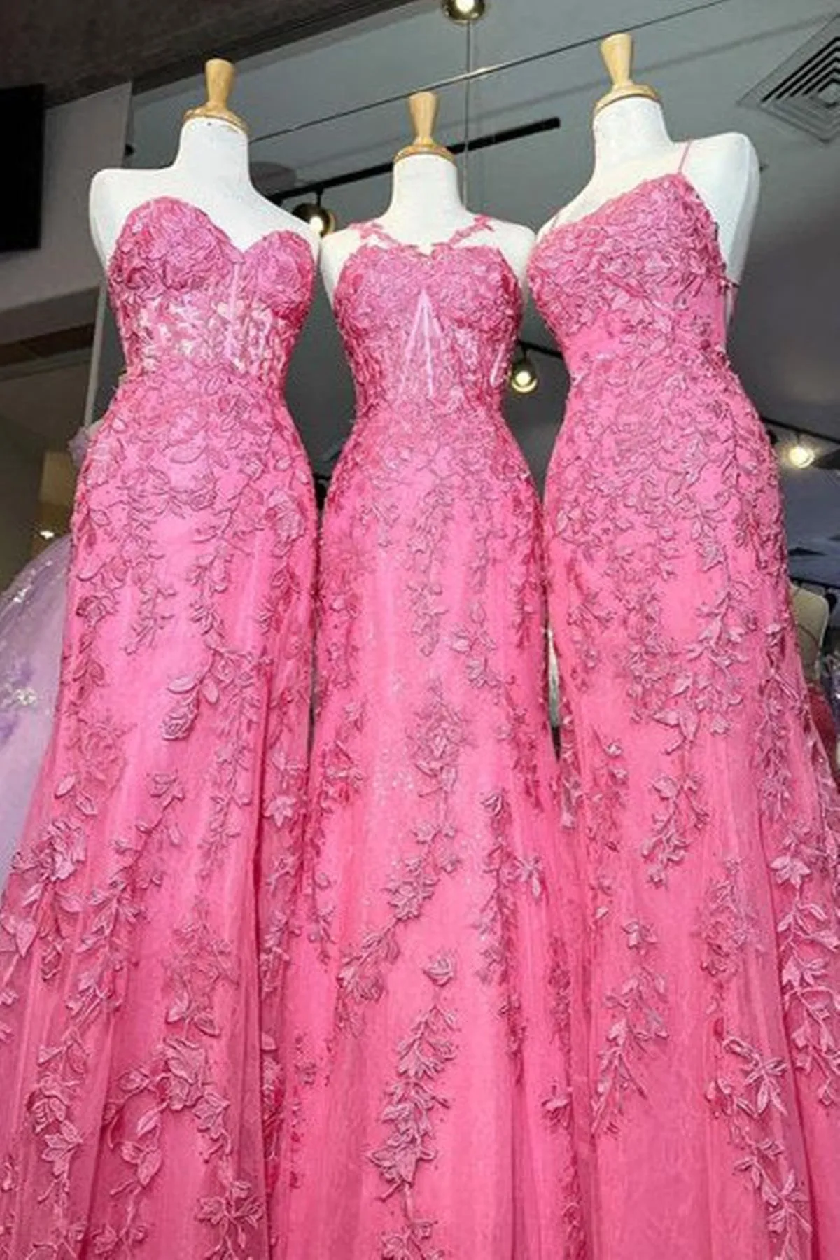 Mermaid Hot Pink Lace Long Prom Dress, Long Hot Pink Formal Graduation Evening Dress A1812