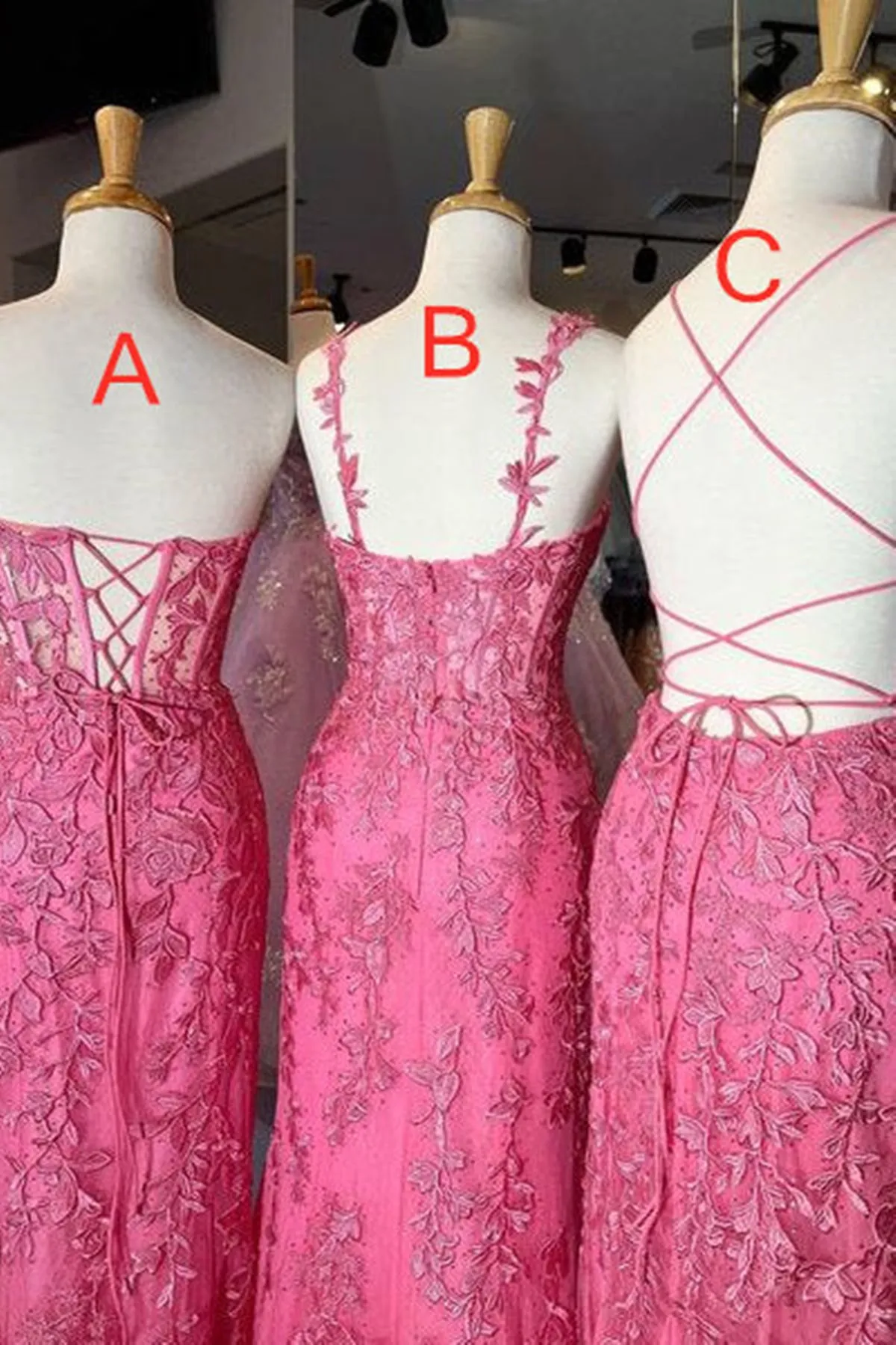 Mermaid Hot Pink Lace Long Prom Dress, Long Hot Pink Formal Graduation Evening Dress A1812