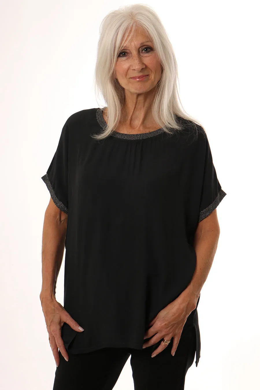 Metallic Cuff And Neckline Top - Dark Grey