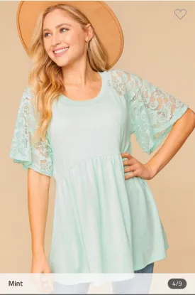 Mint Flutter Lace  Sleeve Top