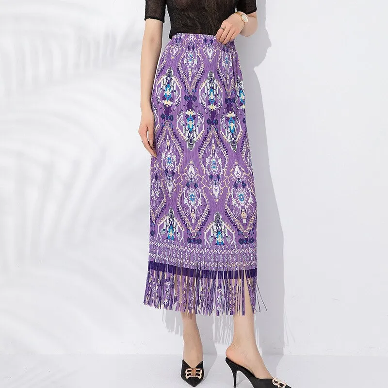 Miyake Pleated Printed Tassel A-Line Skirt