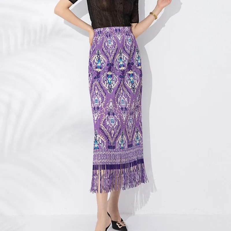 Miyake Pleated Printed Tassel A-Line Skirt