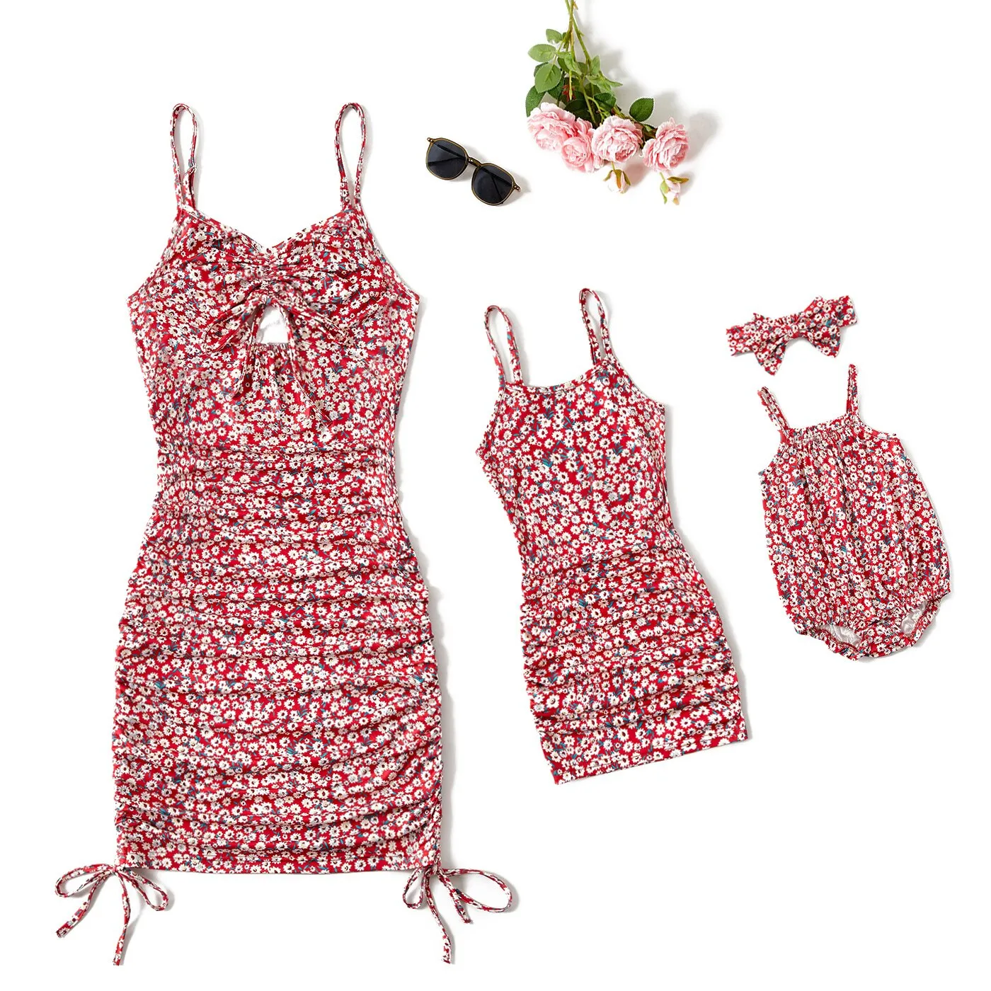 Mommy and Me Allover Floral Print Drawstring Ruched Bodycon Cami Dresses