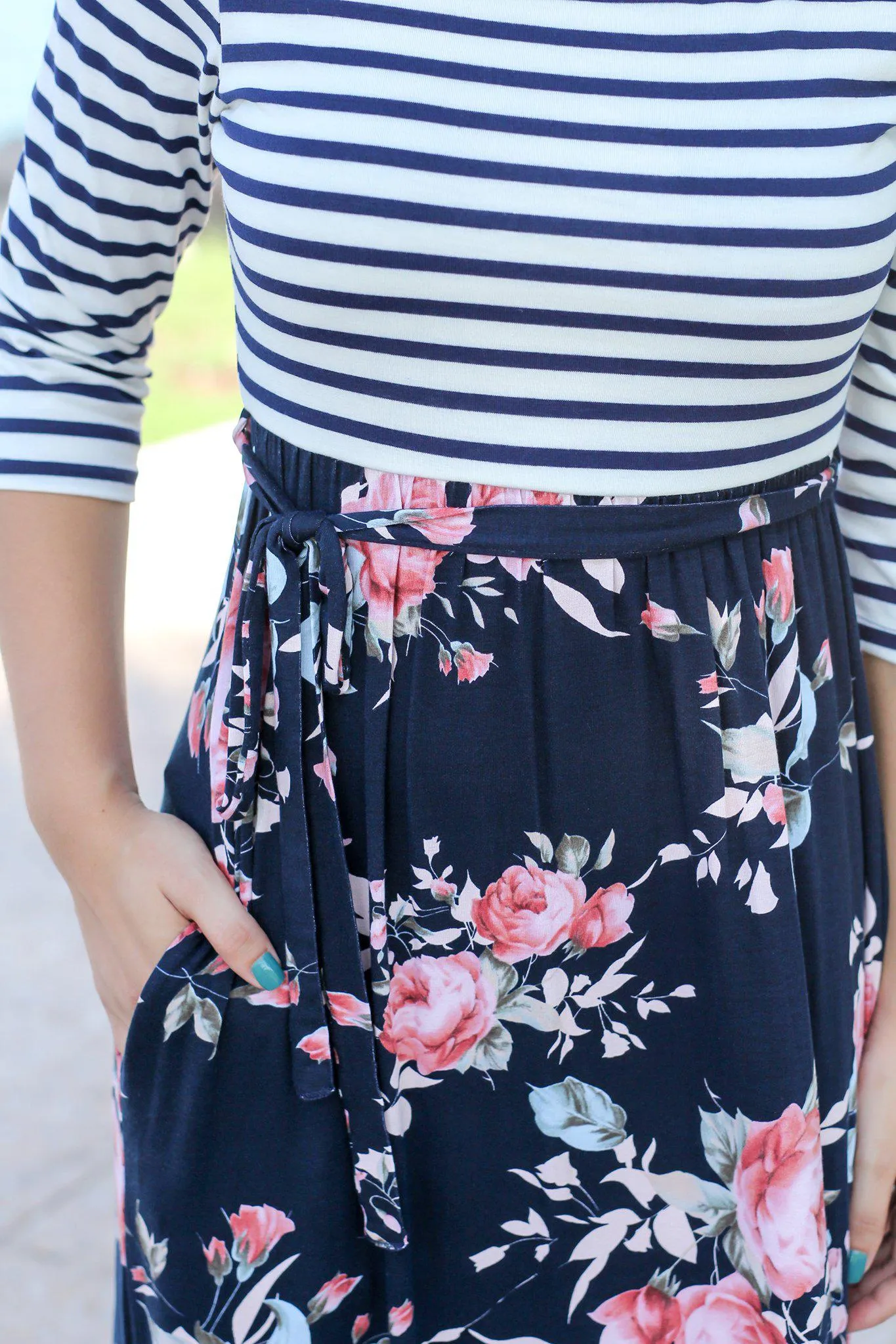 Navy Floral Striped Maxi Dress with Tie Waist