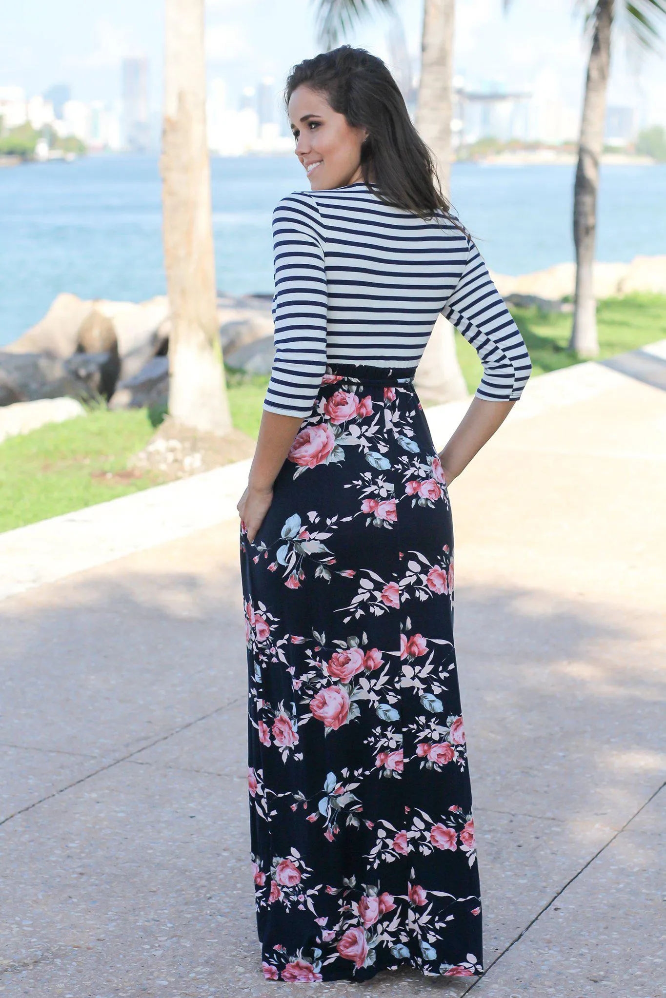 Navy Floral Striped Maxi Dress with Tie Waist