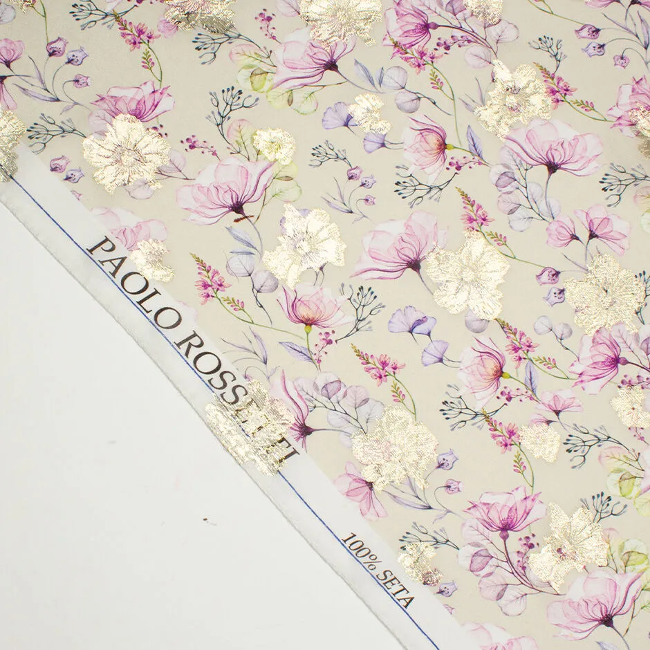 Pale Pink & Lilac Floral Printed Metallic Silk Georgette