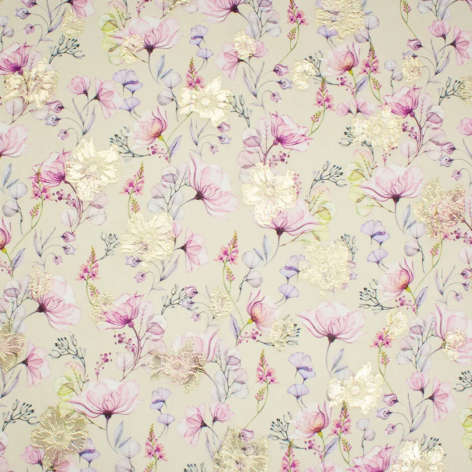 Pale Pink & Lilac Floral Printed Metallic Silk Georgette