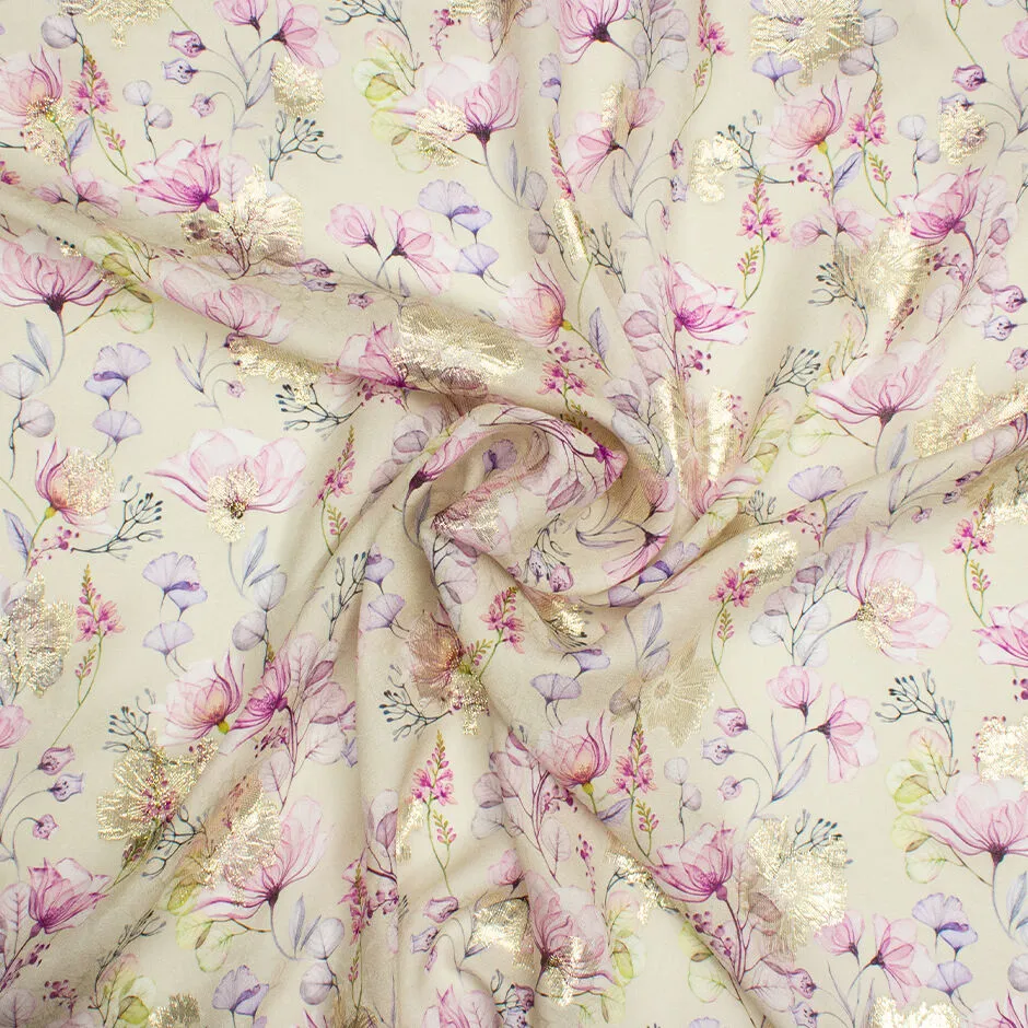 Pale Pink & Lilac Floral Printed Metallic Silk Georgette