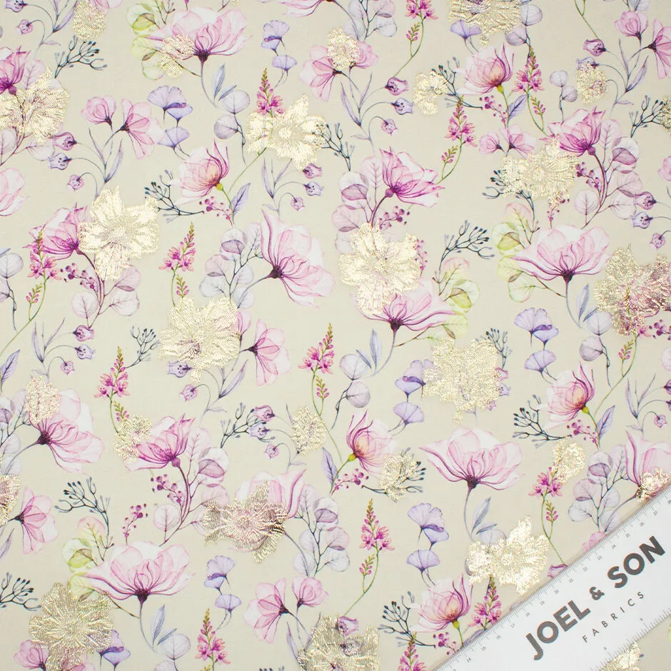 Pale Pink & Lilac Floral Printed Metallic Silk Georgette