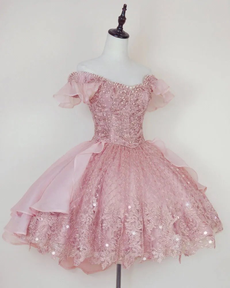 Pink Lace Homecoming Gown with Beading, Princess Off the Shoulder Hoco Dress