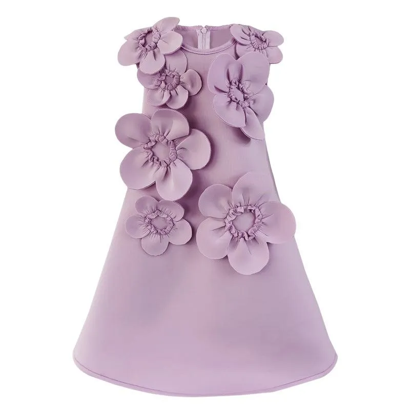 Purple series Dreamy Floral Dress Elegance for Little Princesses 3D Floral Adorned Girl's Dress